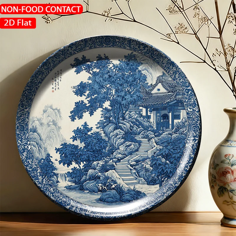 1pc FORJN Ceramic Decorative Plate - Round Blue Landscape Wall Plate Suitable for Non-Food Contact, Modern Ceramic Art Plate,