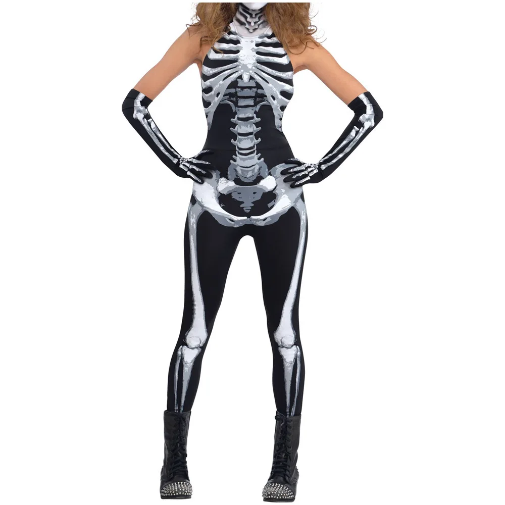Skelett-Knochen Damen Ärmelloser Jumpsuit mit Skelett-Langhandschuhen Kleid für Party Cosplay Bühnenauftritt Bodysuit Kostüm – Detail 4