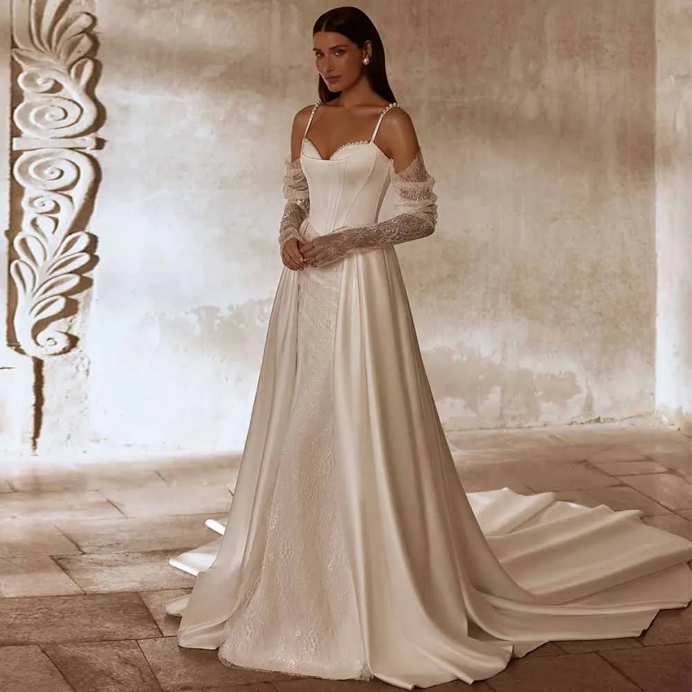 High Quality Wedding Guest Dresses Satin A-line Wedding Party Dresses Ivory Sweetheart Lace Gloves Tailing Wedding Dresses Women