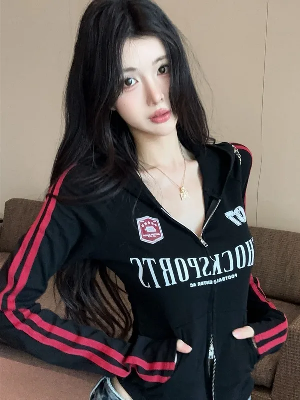 American Hot Girl Design Hoodie Jacket Women's Autumn Striped Long Sleeve Open Cardigan T-shirt Fashion Letter Print Top