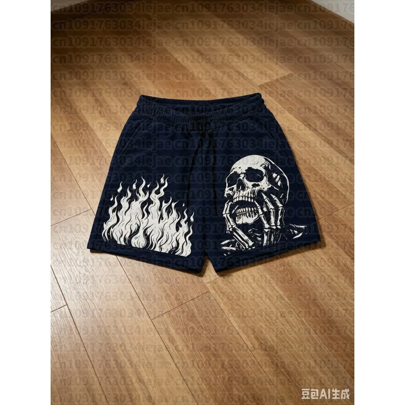 American Men's Summer Flame Skull Print Comfortable and Breathable Drawstring Shorts for Outdoor Leisure Vacation