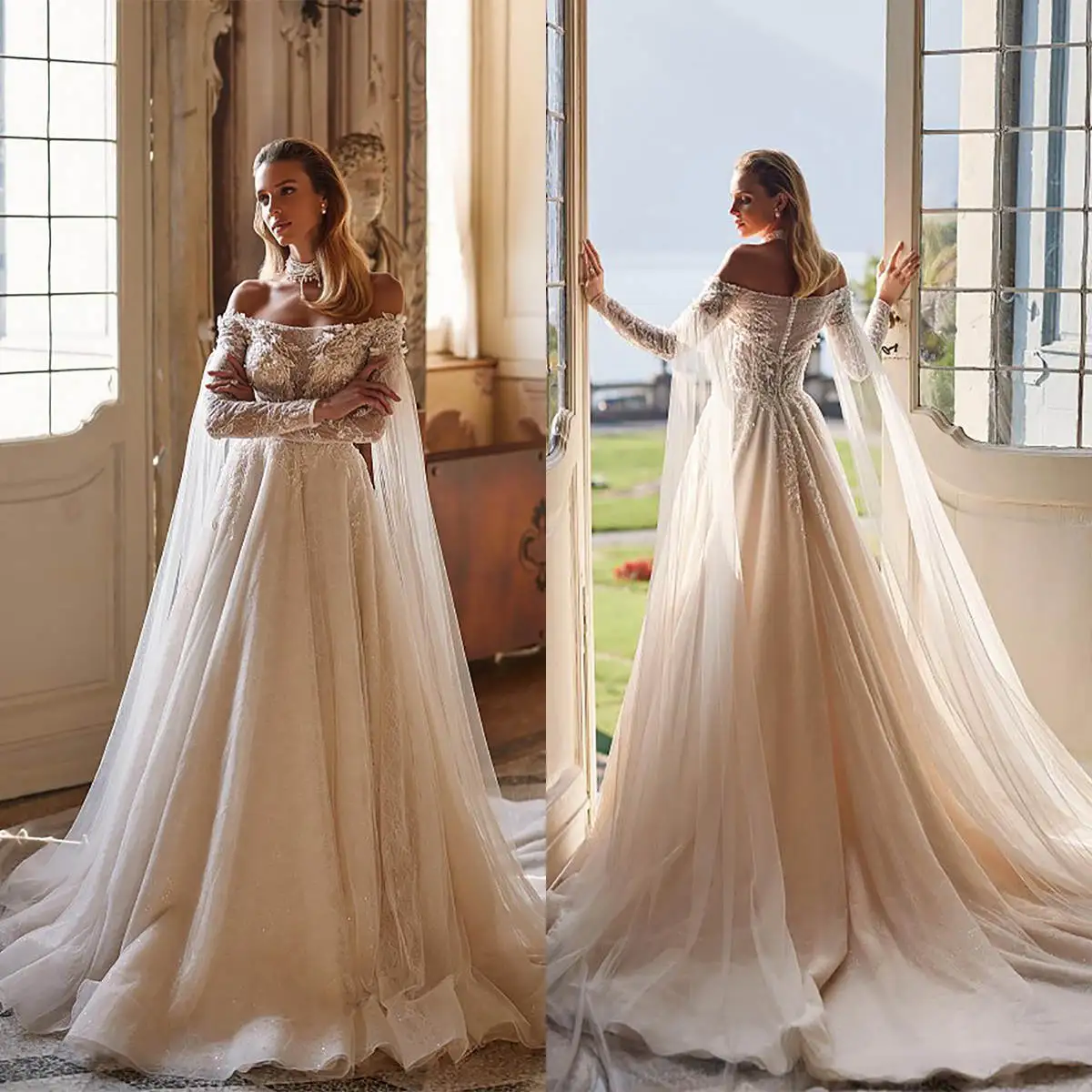 Elegant A-Line Wedding Dresses Strapless Appliques Beading Long Sleeve Bridal Gowns Prom Dresses Vestido de novia Customized