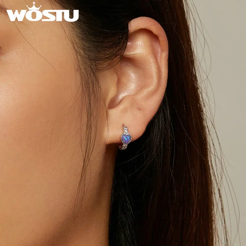 WOSTU Love Heart Hoop Earrings For Women Real 925 Sterling Silver Blue Opal Purple Zircon Ear Clips Wedding Jewelry Party Gift