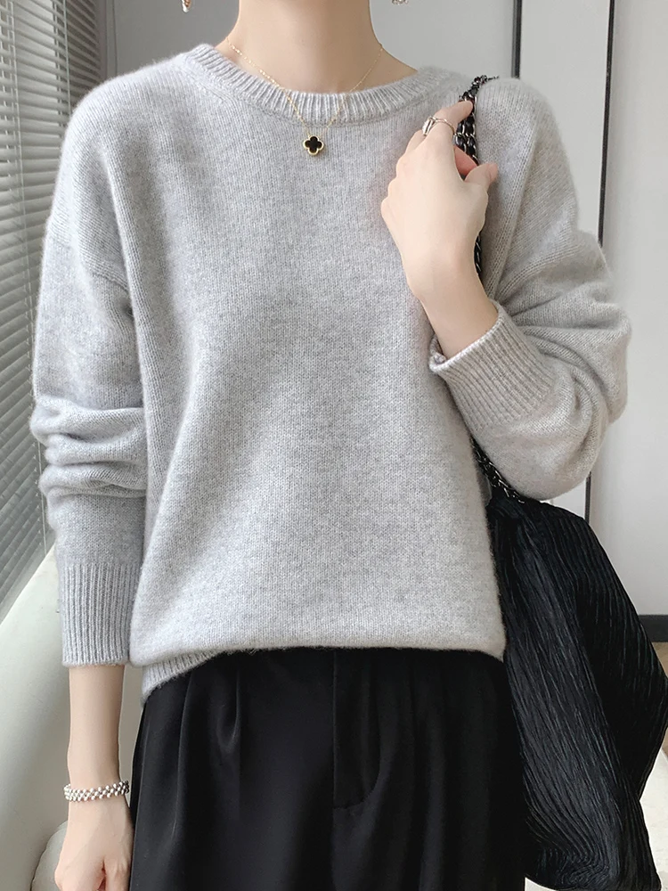Fashion Elegant Autumn Winter Women O-Neck Cashmere Sweater 100% Merino Wool Pullover Loose Comfort Female Knitwear Clothing