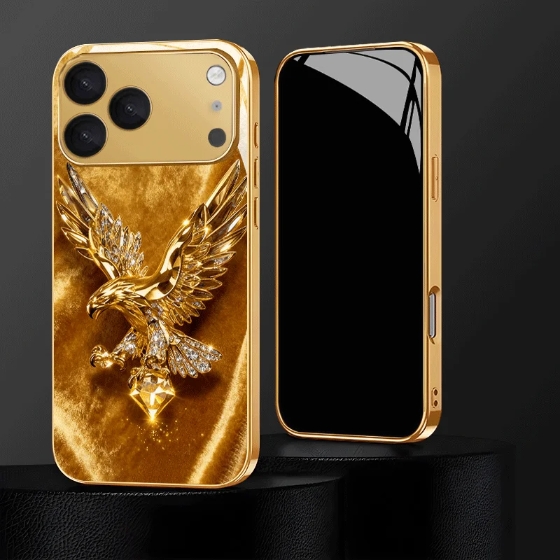 

Премиальный гальванизированный стеклянный чехол для iPhone 17, 16, 15, 14, 13, 12, 11 Pro Plus. Элитный дизайн в виде орла, инкрустированного золотом и бриллиантами.