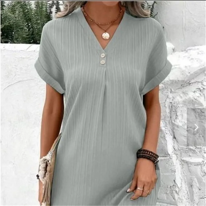 Vestido playero holgado de manga corta para mujer, ropa de talla grande, cuello en V, color liso, 2024