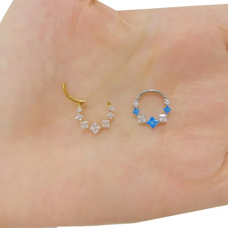 G23 Titanium EAR Nose Ring PIERC with 5 Square Zircon Ring Hoop Face Hinged Segment Clicker Labret Cartilage Piercing Jewelry