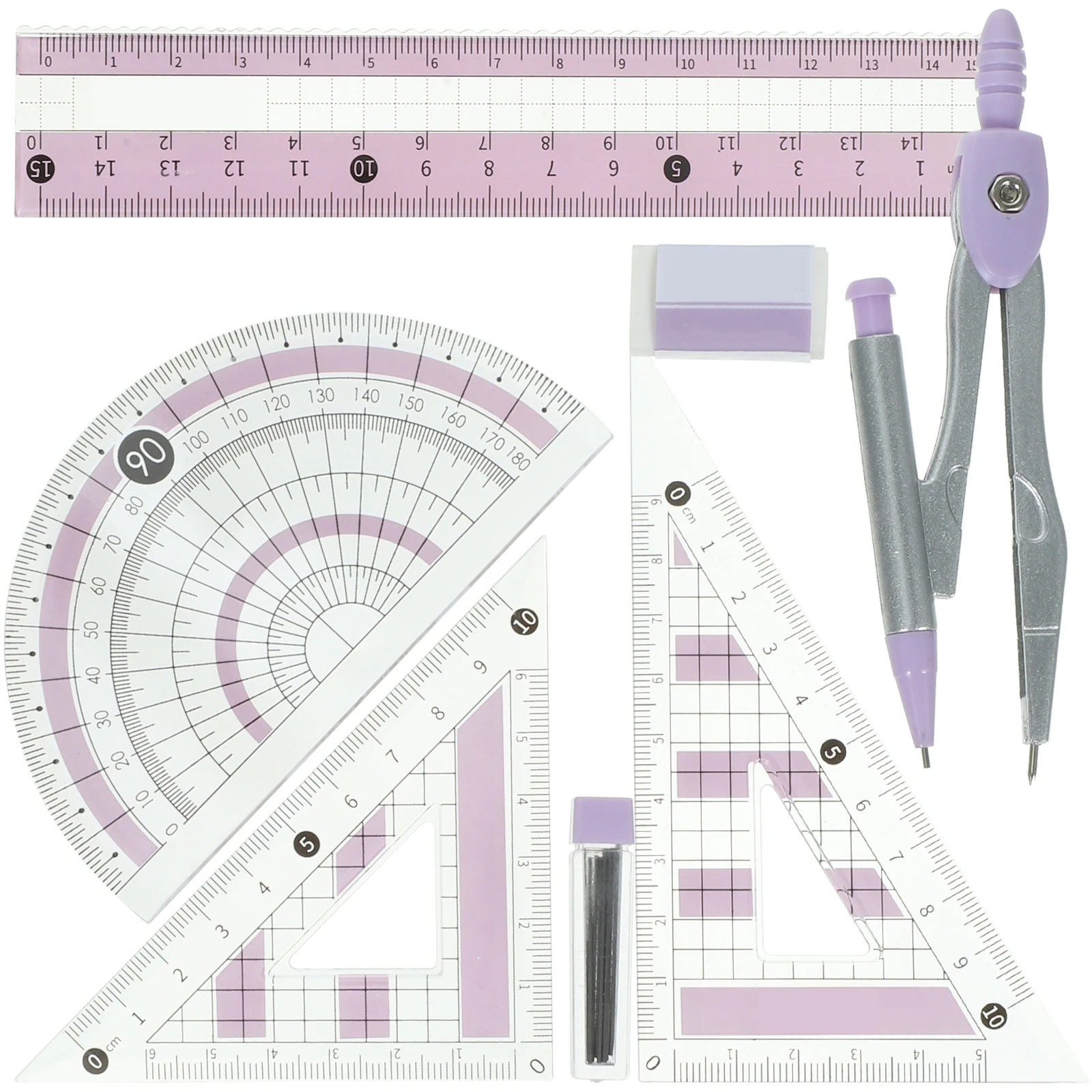 

1 set Ruler Set Geometry Tools Lightweight Transparent Compass Protractor Drawing Stationery Kids Office School Supplies