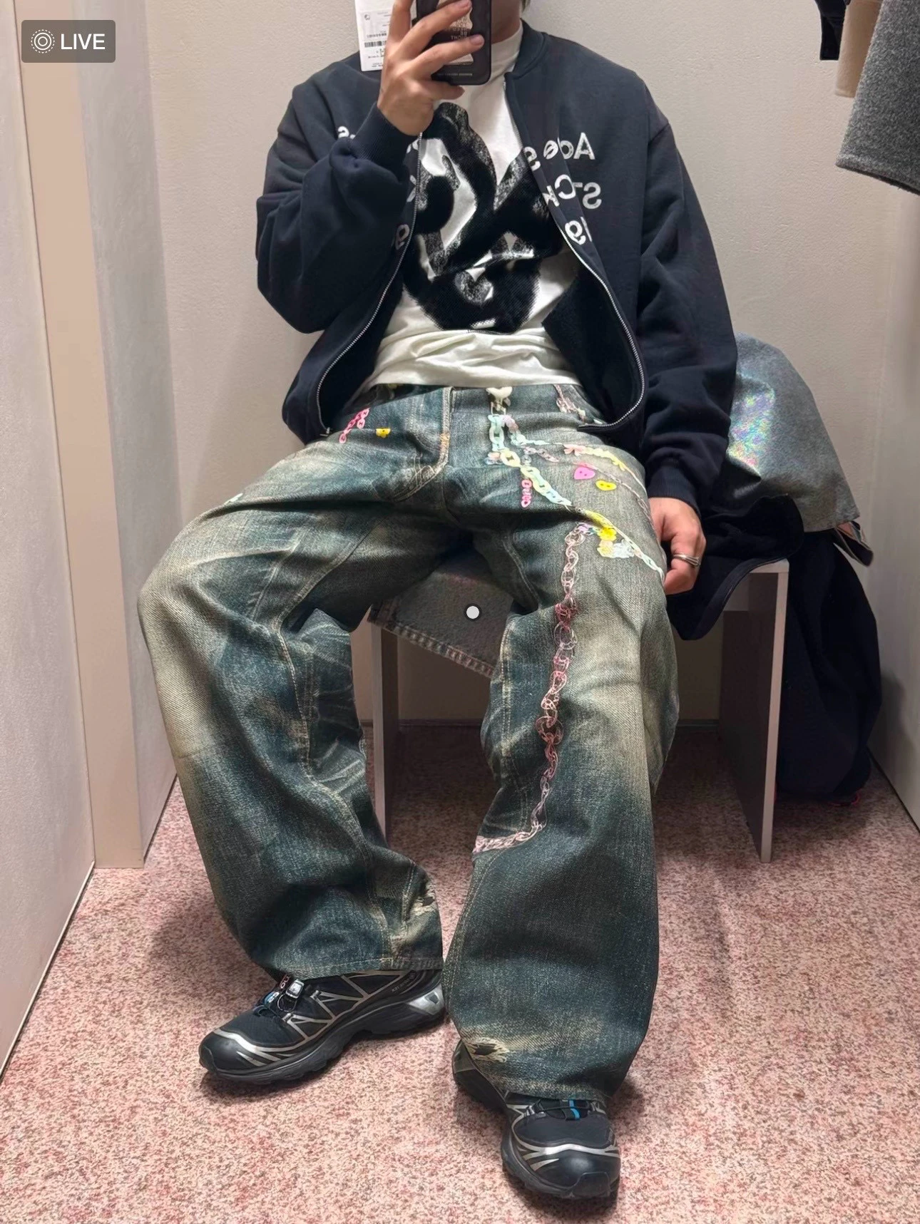 

Low Waist Digital Print Candy Chain 3D Denim Jeans Baggy Sle ex Faion Urban Casual Long Pants Straight Leg Trousers