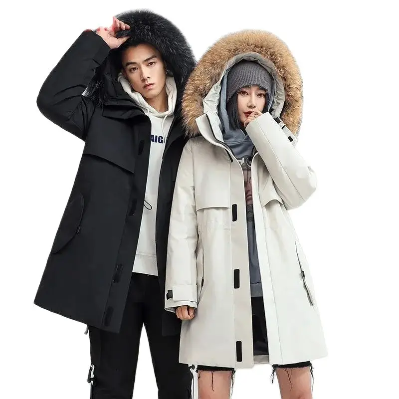 

2023 Winter New Loose Down Jacket Men and Women With the Same Mid-Length Hooded Raccoon Fur Collar Couples Fashion Female Coat