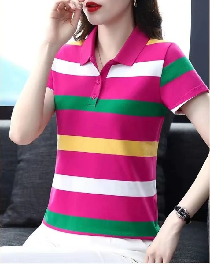 2024 Women Summer Tops Strip Tees Sexy Vintage Short Sleeve 5XL Polo T Shirts Loose Casual Befree Boho Tees