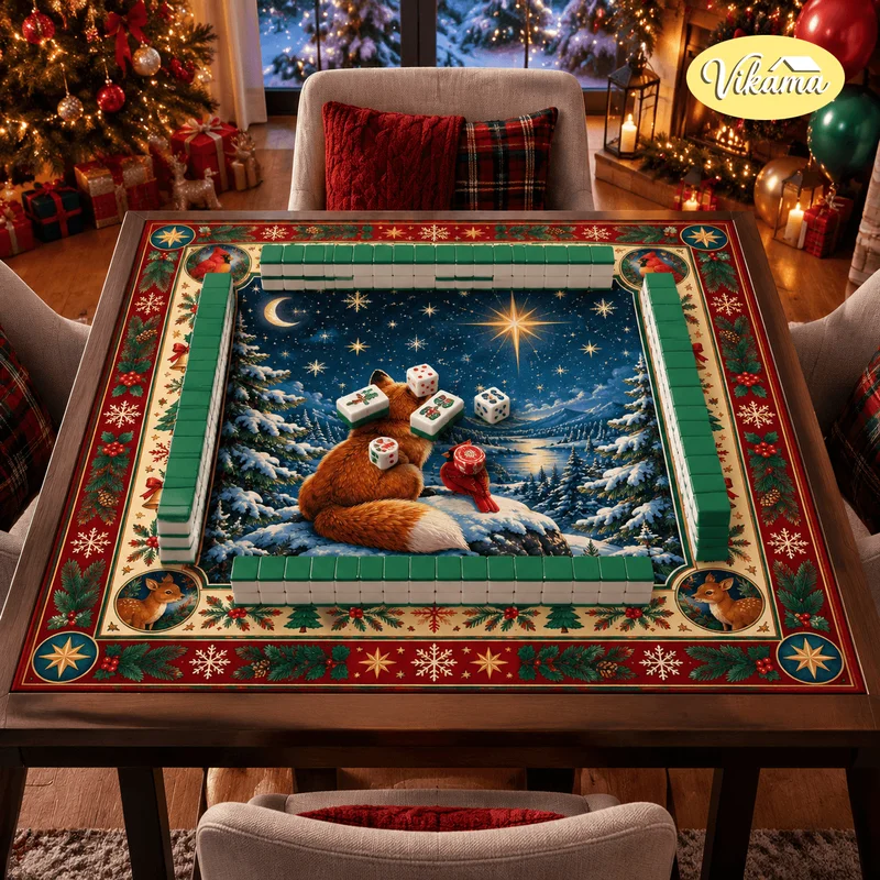 VIKAMA Christmas Starry Sky Fox Mahjong Table Mat, Holly, Snowflakes, Stars, and Reindeer Non-Slip Game Table Mat, Home Decor