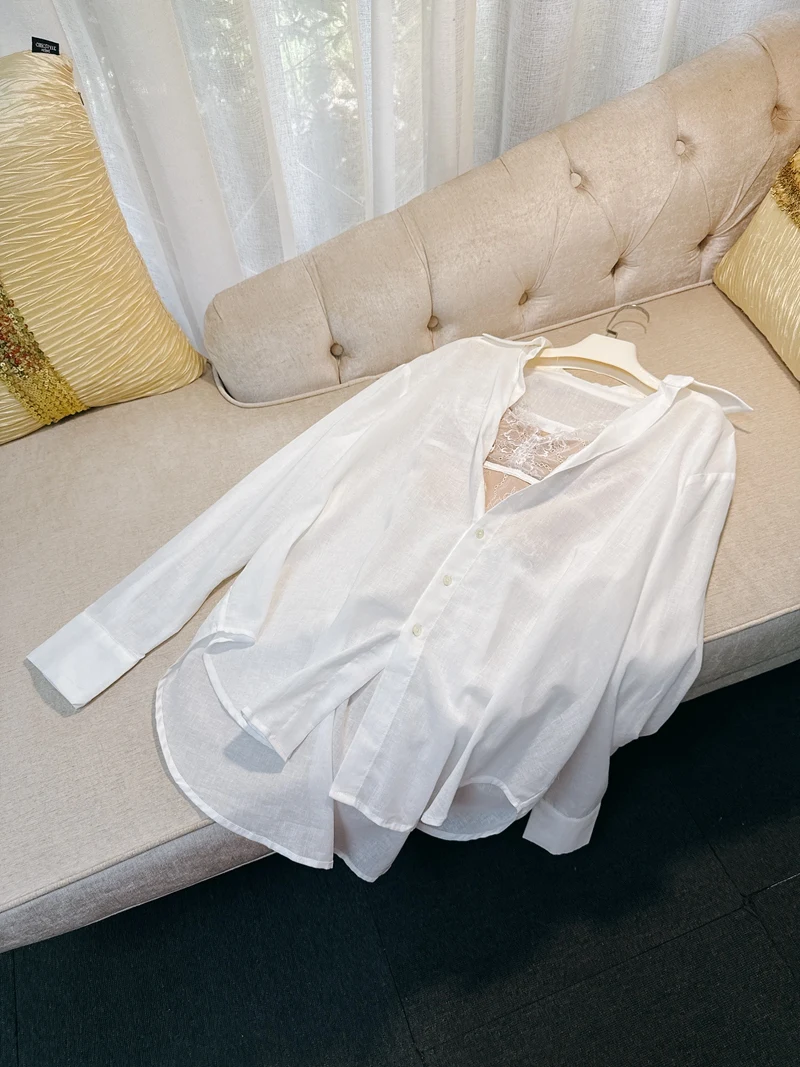 Blusa Casual de Renda para Uso Interno e Externo, Csa  de Manga Longa Branca Leve e Solta para Mulheres