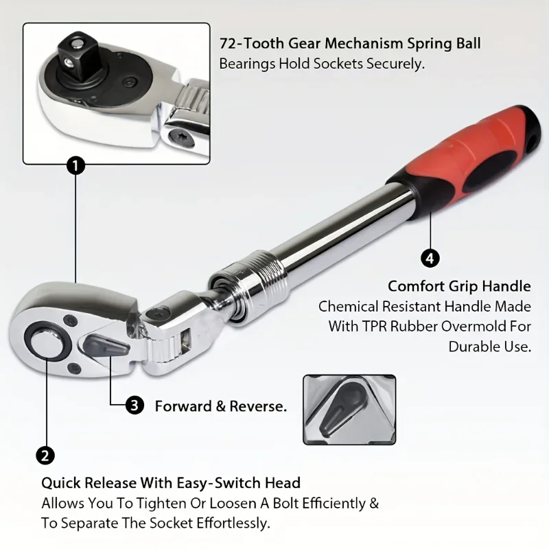 1/4, 3/8, 1/2 Telescopic Head Ratchet Wrench - High-Precision 72-Tooth Design, Chrome Vanadium Steel, Automatic Quick Release