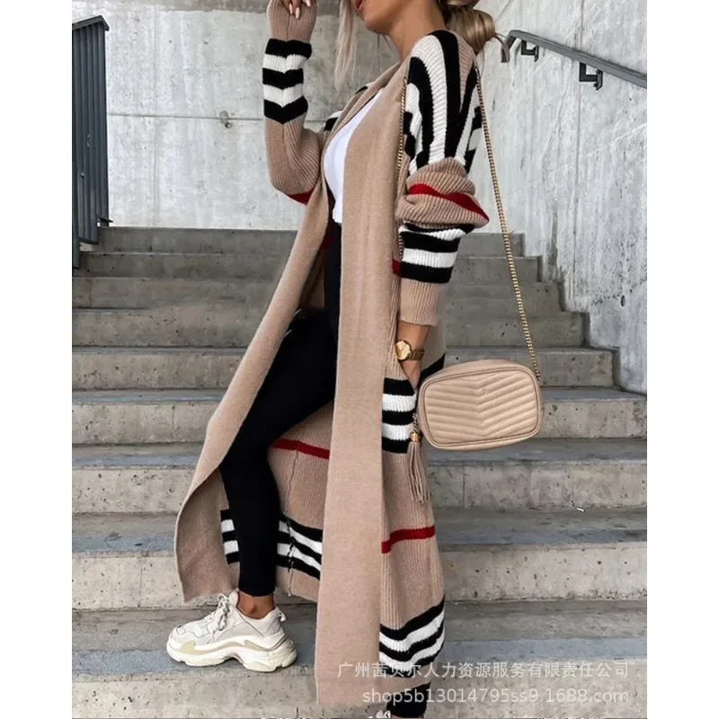 Women Autumn Knitted Long Sweater Y2K INS Clothing Outwear Striped Long Sleeve Open Front Longline Cardigan