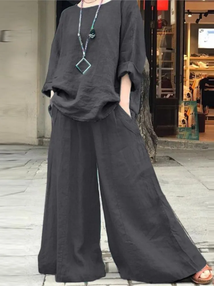 Spring Cotton Linen Women Pocket Suit Black Loose Top Wide-leg Pants Sets 2024 Female Summer Trendy Casual Elegant Suits Ladie