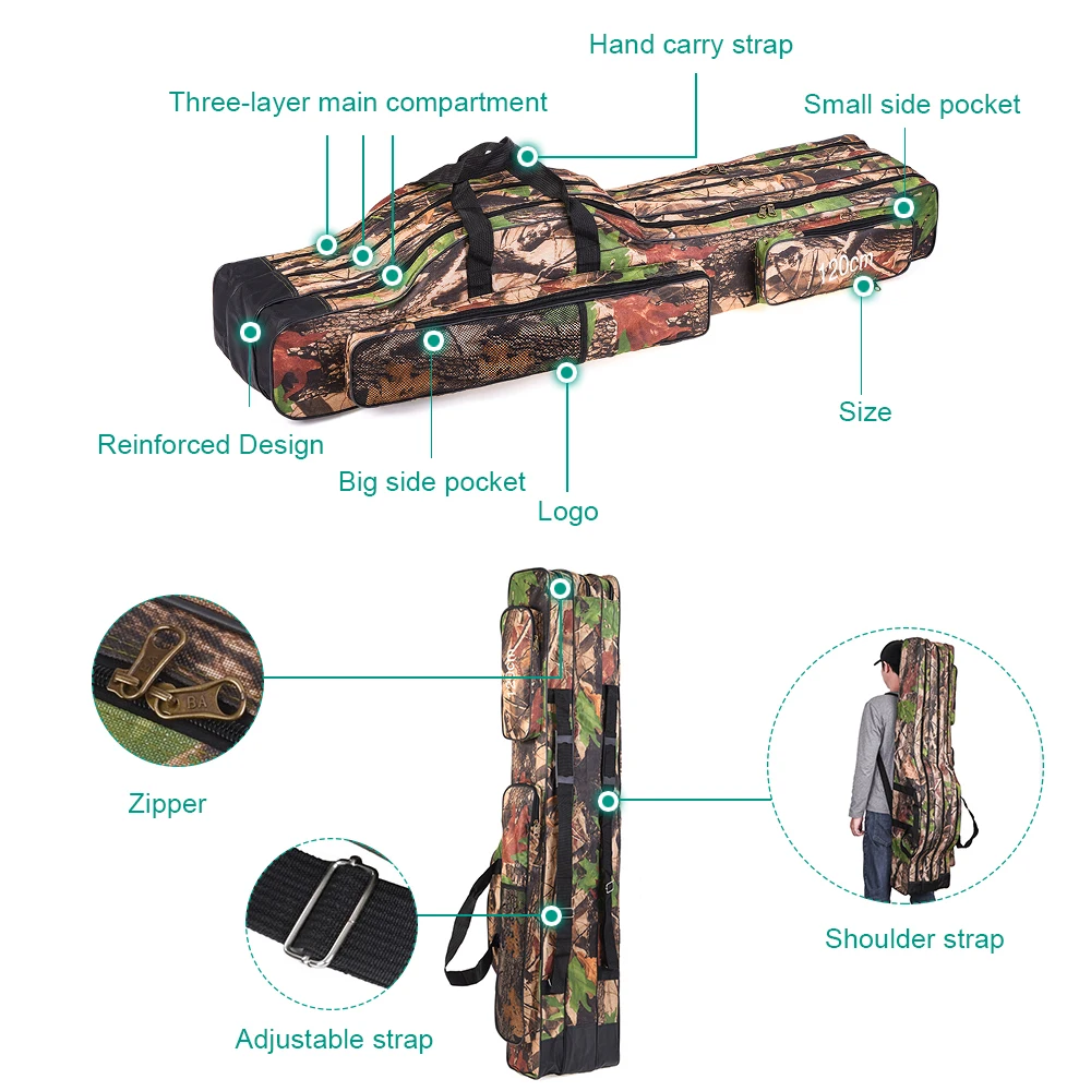 120cm/150cm 3 Layers Fishing Bag Portable Folding Fishing Rod Reel Bag Fishing Tackle Carry Bag Case Travel Storage Bag