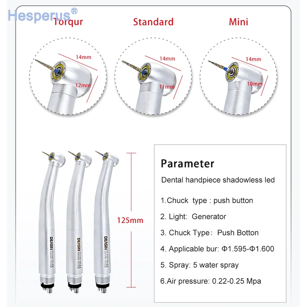 Custom Den  tal Product LED Handpiece Toruqe 5 Way Spray Push Button Ceramic Turbine High Speed E-generator Dentisty Drills