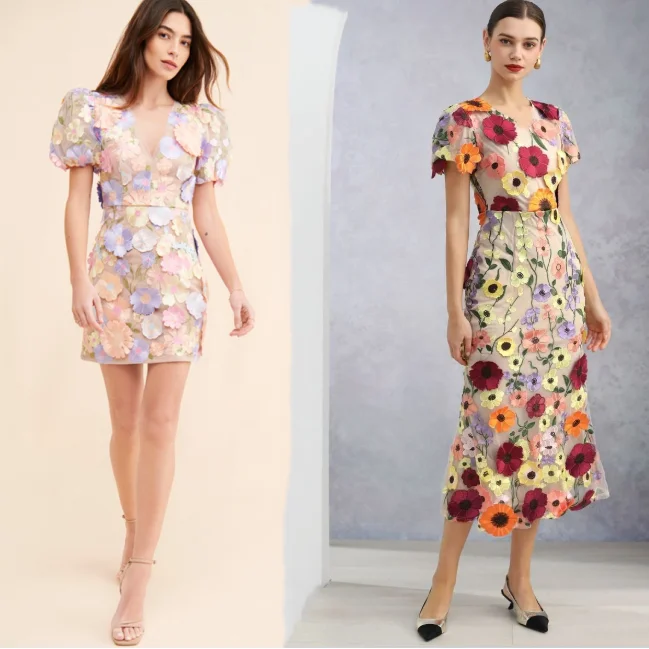 Exquisite V-Ne Floral Embroidery Dr with Lantern Sves And Belt High Waist ort Sve Women's Summer Dr