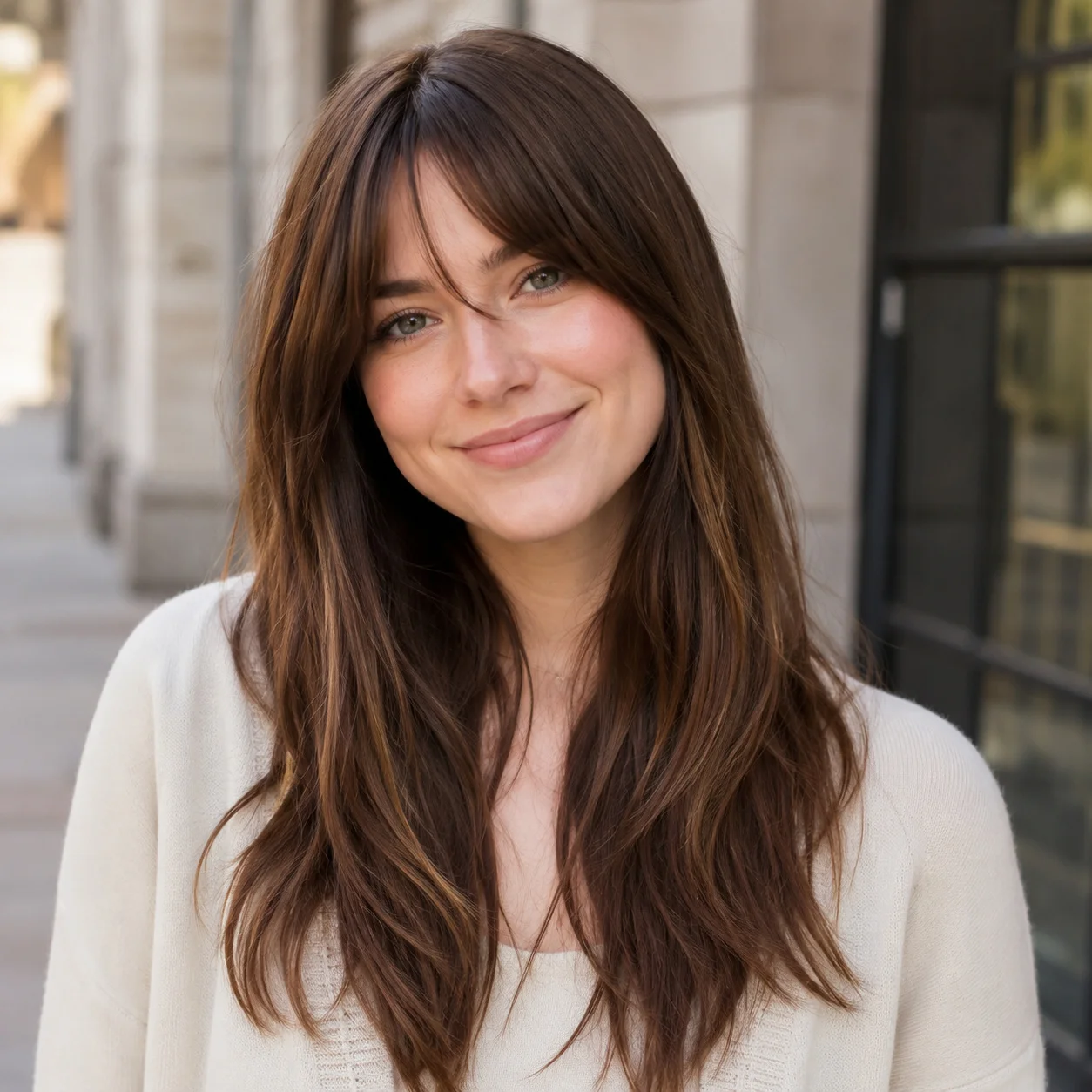 Ladies warm brown long layered straight hair wig with bangs heat-resistant synthetic fiber, glue-free design