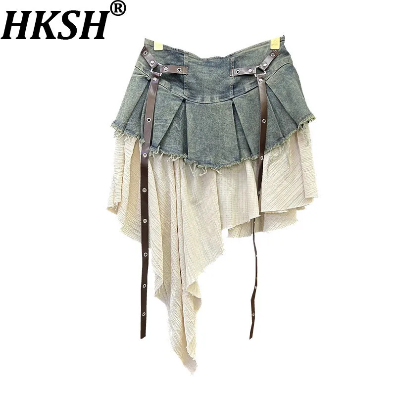 HKSH Spring Summer New Women Skirt Denim Patchwork Pleated Color Block Asymmetric A-Line Retro Elegant Chic Short Skirts HK17048