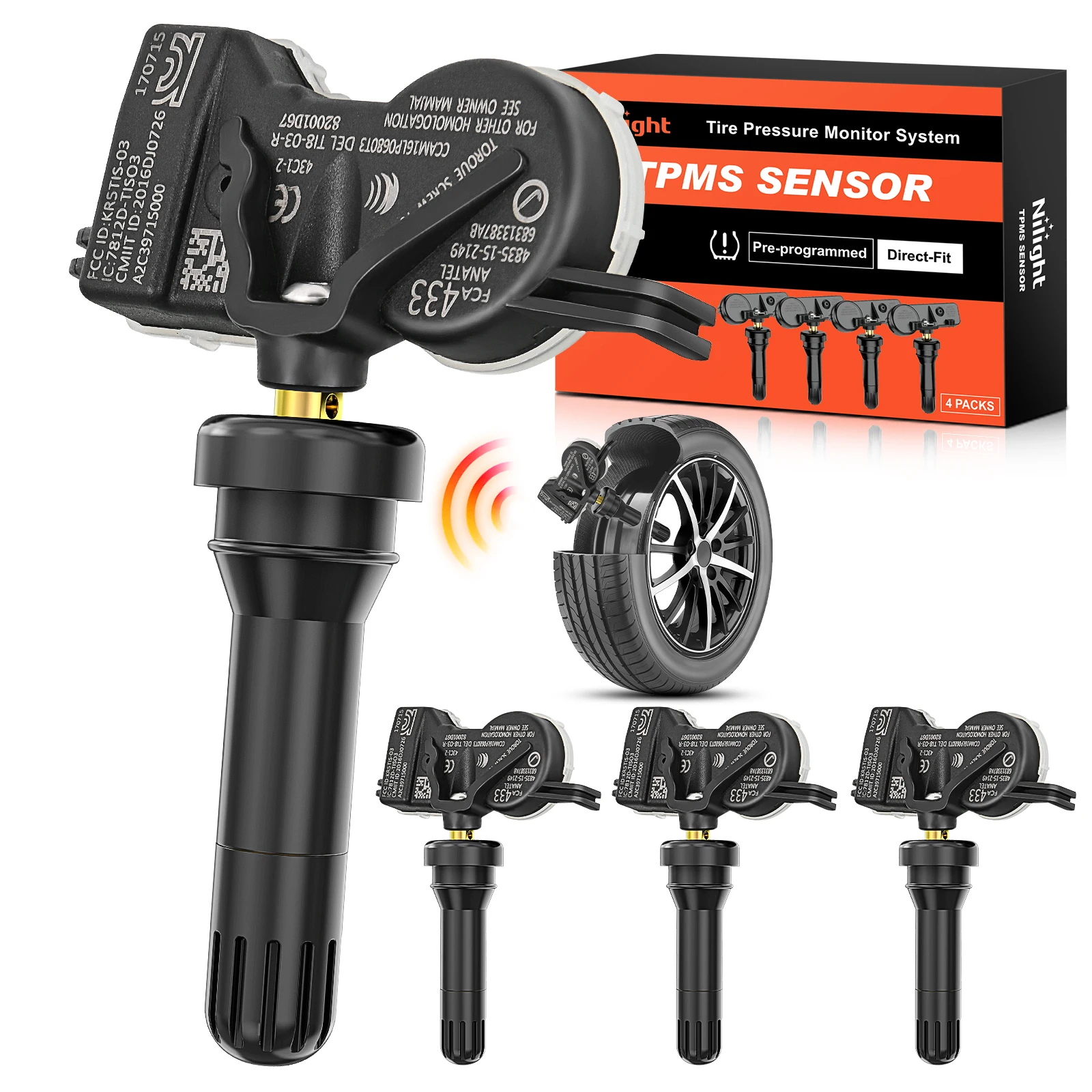 Nilight TPMS Sensor Compatible with 2016 2017 2018 2019 2020 2021 Jeep Grand Cherokee Dodge Durango 2015-2021 Chrysler 200 Pacifica Fiat 500X 433Mhz Tire Pressure Monitoring Sensors