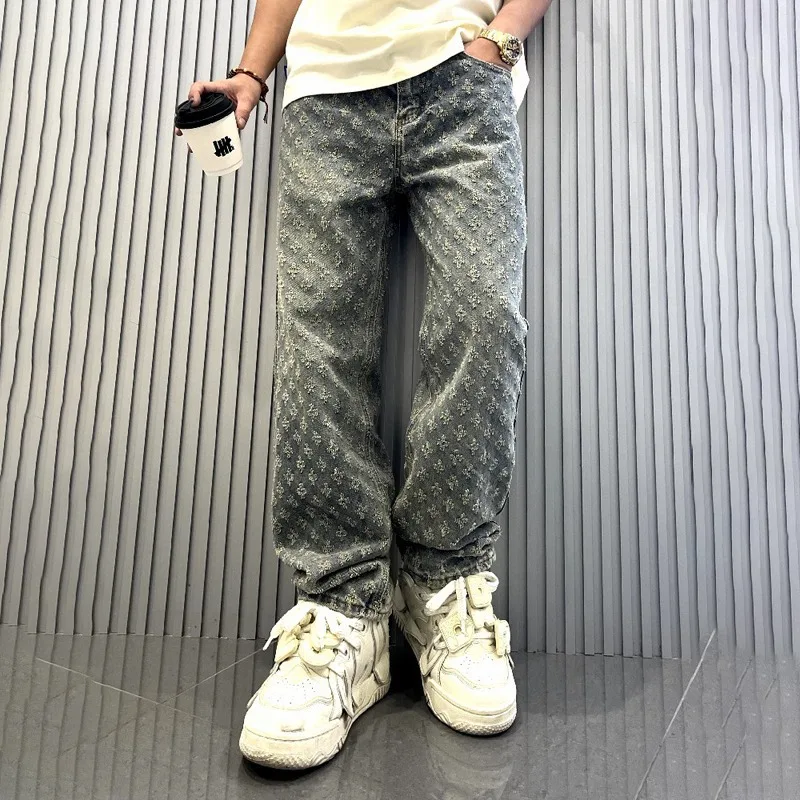 

Trendy Loose Straight Jeans Jacquard High Street Brand Design Washed Wide Leg Pants
