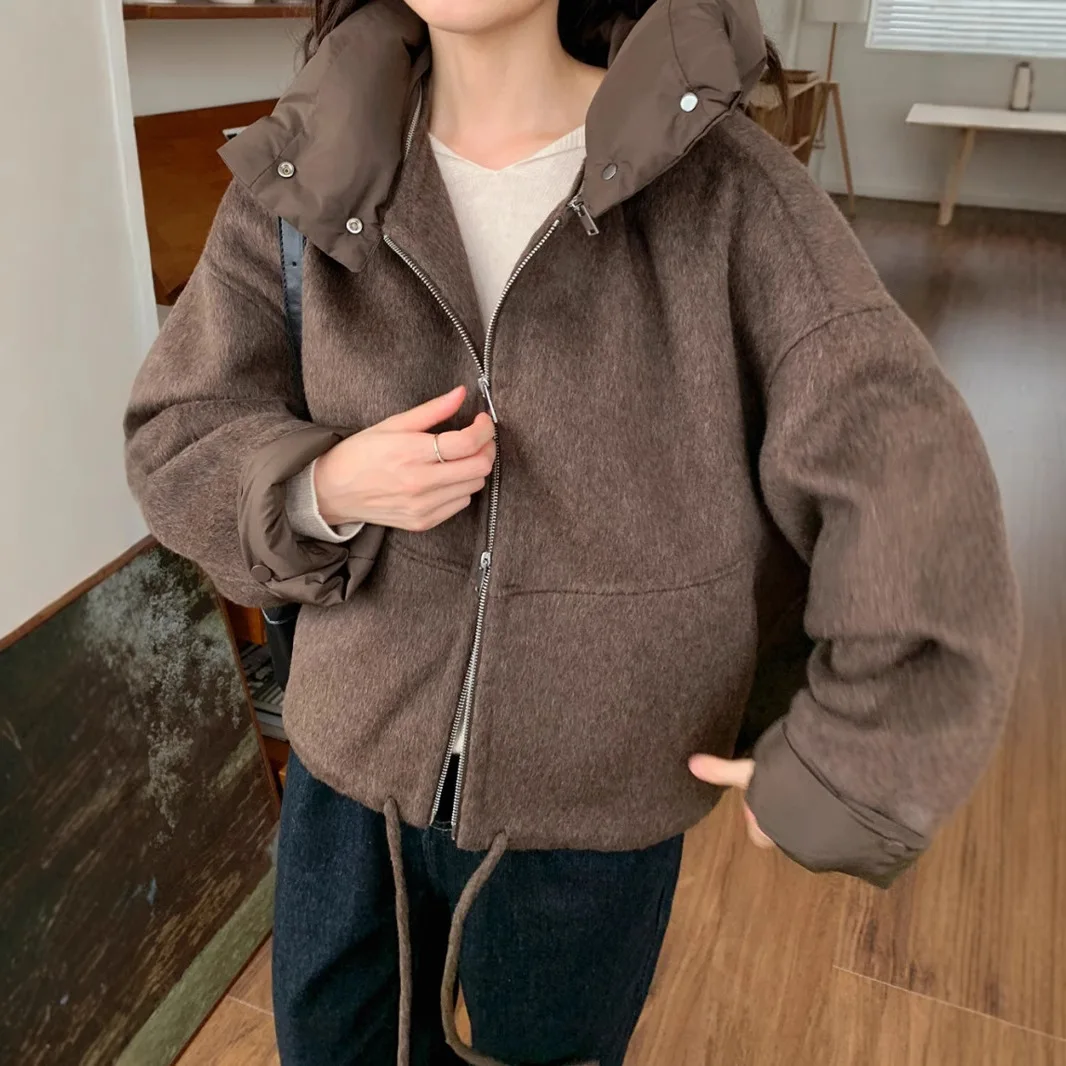 Autumn and Winter Design Sense Splicing Hooded Detachable Lace Warm Short Woolen Women's Coat