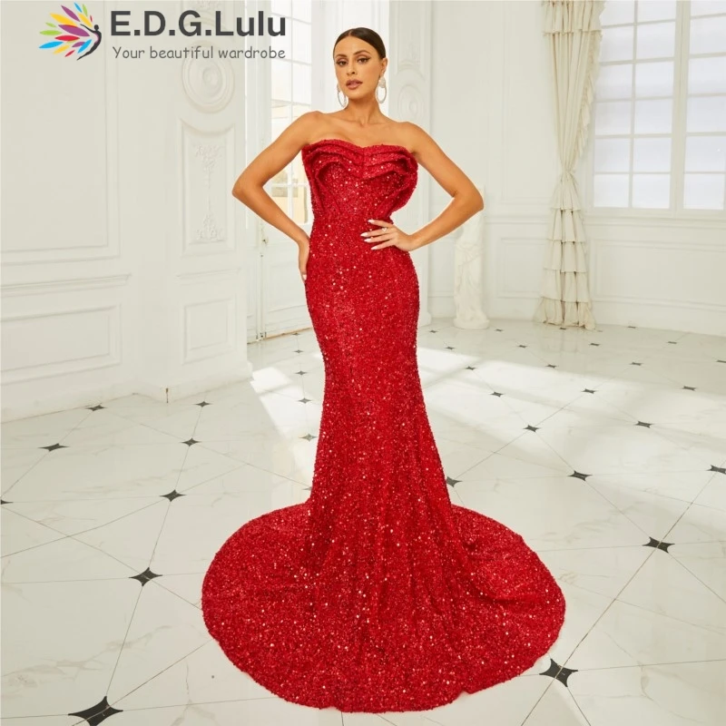 

EDGLuLu Design Strapless Ruffle Maxi Birthday Dresses Luxury 2024 Red Glitter Long Mermaid Dresses Backless Evening Gown 0730