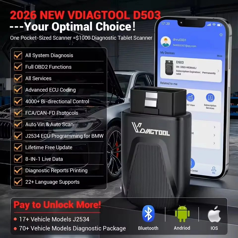 VDIAGTOOL D503 J2534 Programming Scanner Car Wireless Bluetooth Diagnostic Tool OBD2 Bidirectional Scan Tool Live Data CANFD FCA