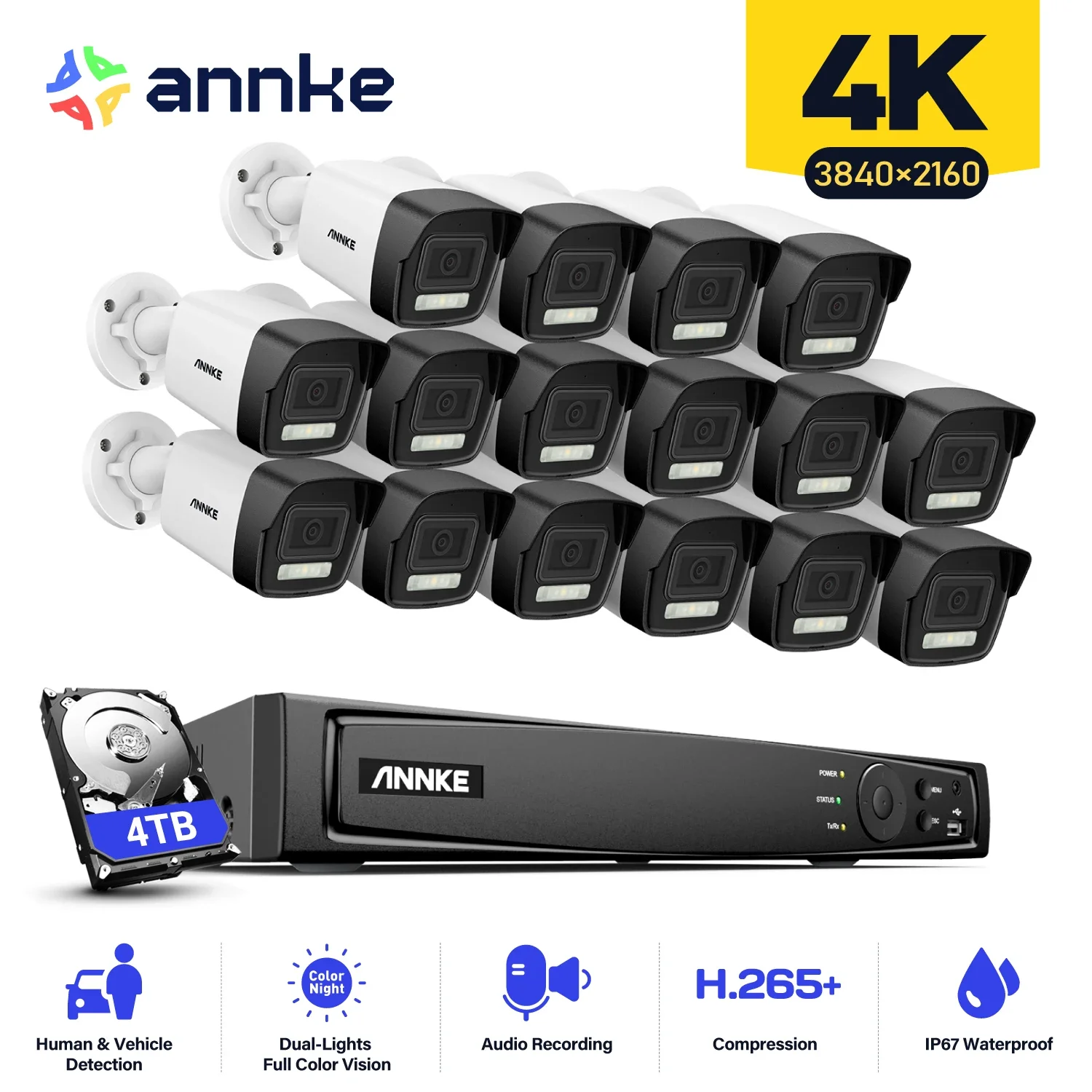 ANNKE 16CH 4K Ultra HD POE Network Video Security System 8MP H.265 NVR With 16X 8MP 30m EXIR Night Vision Weatherproof IP Camera