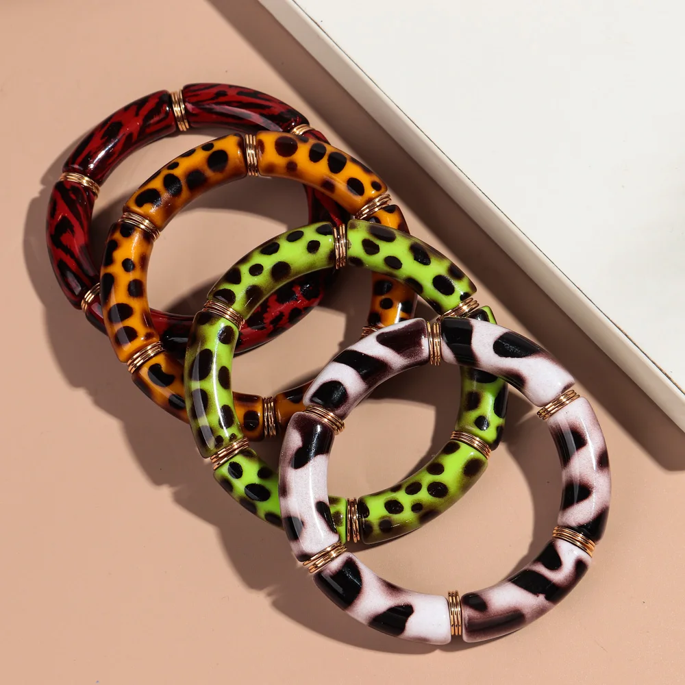 Vintage Acryl Leopard Elastische Gebogene Rohr Perlen Armbänder Neue Stretch Dicken Armreif frauen Mode Schmuck Geschenke – Detail 4