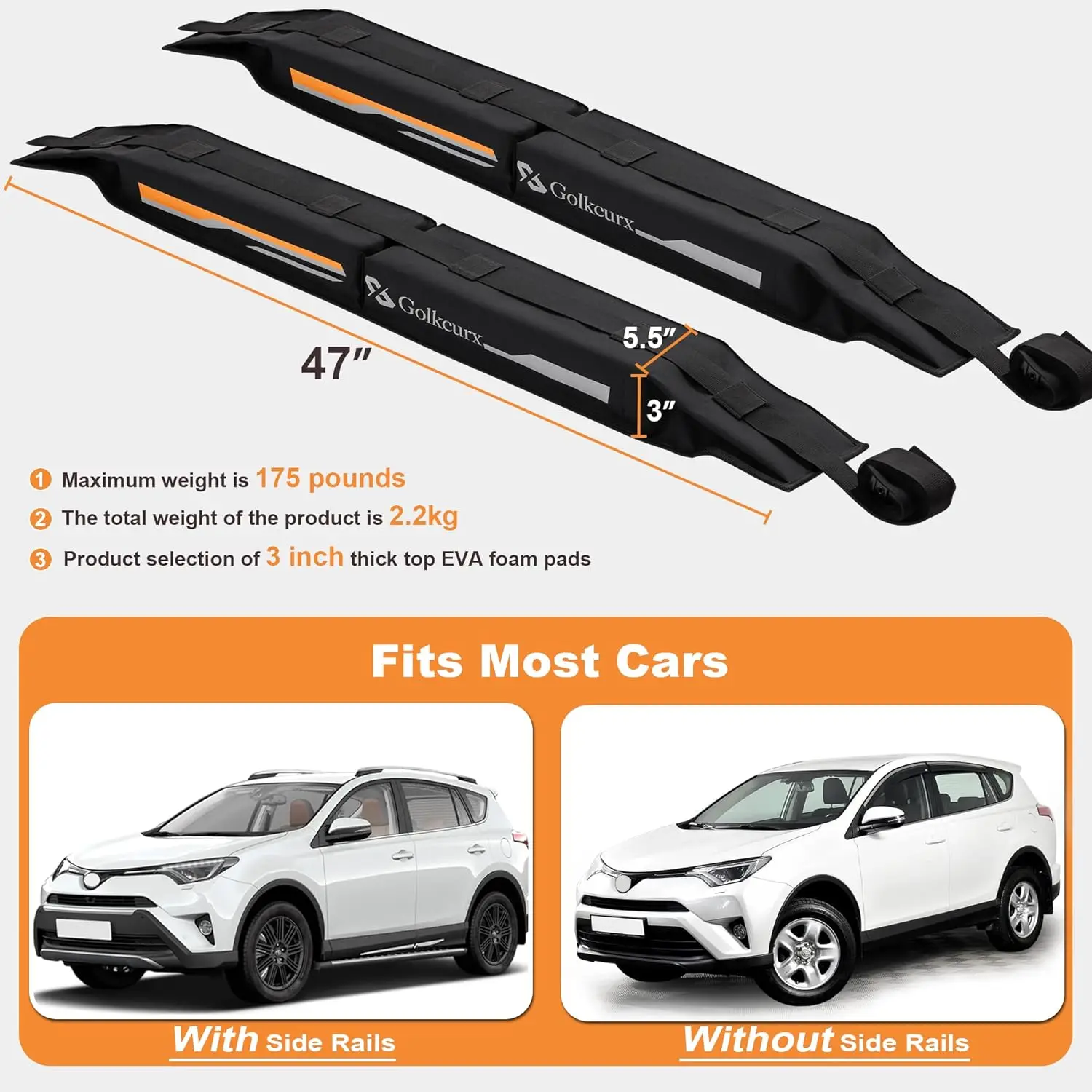 Universal Soft Roof Rack Pads for Kayak, Surfboard, SUP, Canoe, Snowboard with Straps and Bag