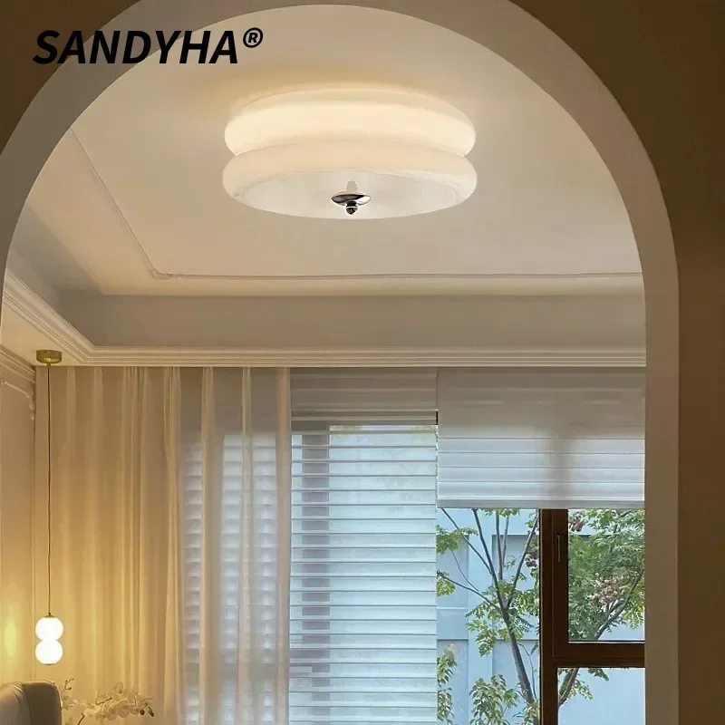 

SANDYHA French Ceiling Light Retro White Glass LED Pendant Lamp for Bedroom Living Room Dining Table Home Decor Lighting Fixture