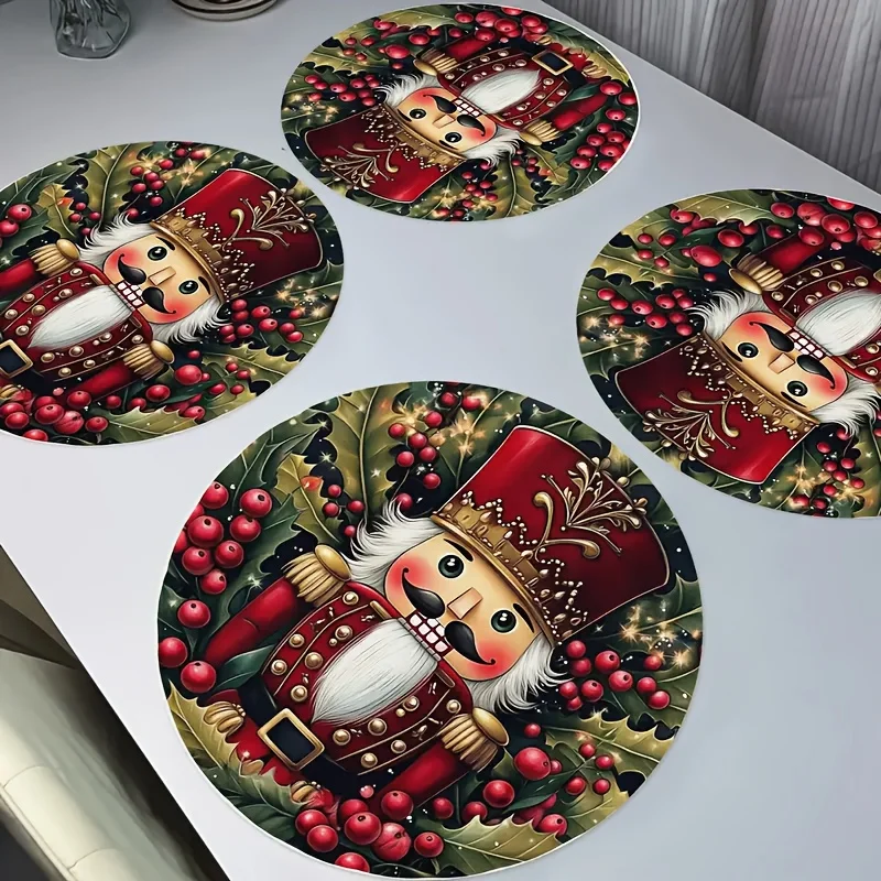 VIKAMA 4PC Christmas Nutcracker Placemat Red Hat Soldier Holly Berry Holiday Table Party Home Decor