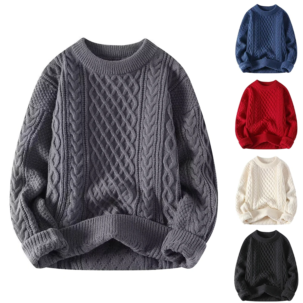 

Новинка 2025 года, мужской модный вязаный свитер, повседневный свитер с круглым вырезом, теплый внутренний свободный пуловер, уютный