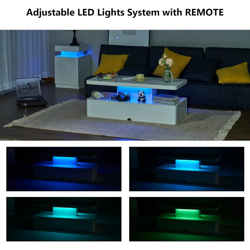Meja Kopi Bergaya Modern dengan Lampu LED 16 Warna, Desain Dua Lapis untuk Ruang Tamu, Putih