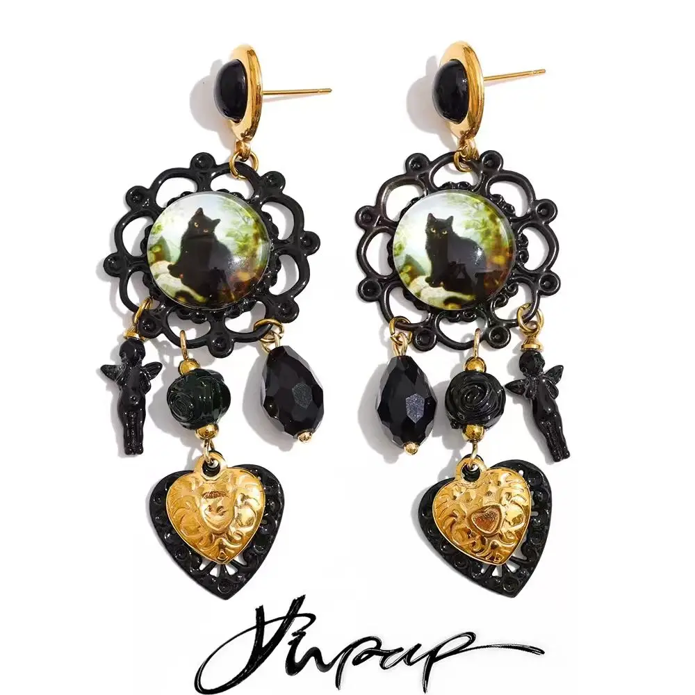 Yhpup Vintage Acrylic Crystal Cat Angel Heart Drop Earrings for Women 2025 Stylish Unique Design Metal Retro Jewelry
