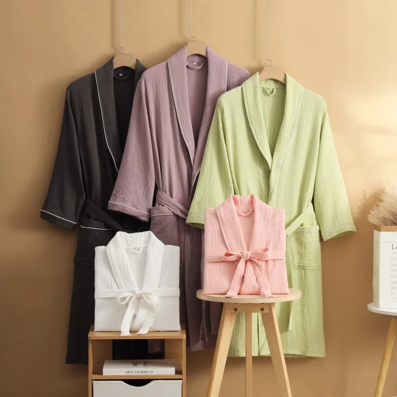 

Double Layer Cotton Gauze Sleep Robe Comfortable Solid Colour Kimono Bathrobe Gown Couple Nightwear Homewear Loose Loungewear