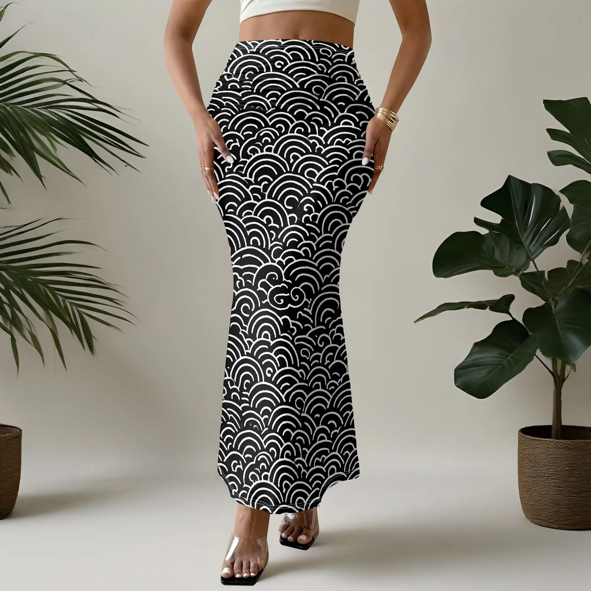 Wave Print Mermaid Skirt, High Waist Long Skirt, Black and White Patterned Bottoms for Women, S-2XL