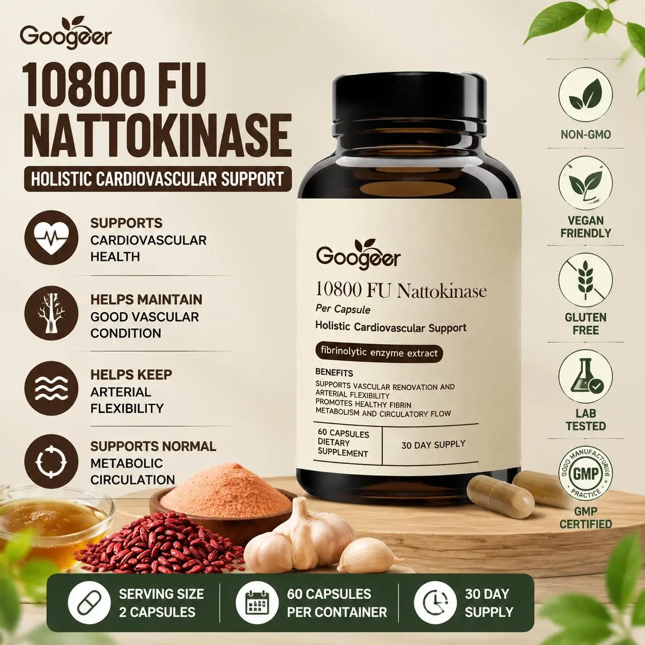 Googeer Nattokinase Capsules with Garlic Bulb Extract for Arterial Flexibility and Normal Metabolic Circulation 60 Capsules