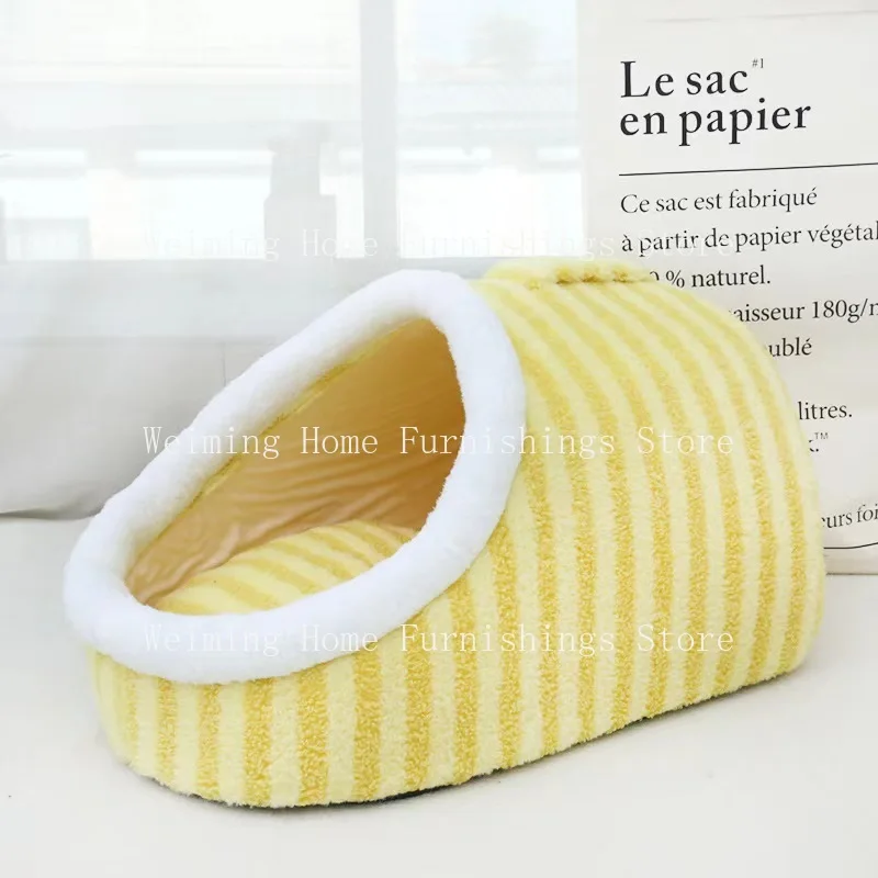 Thickened cat kennel Macaron double spell autumn and winter warm drilling hole kennel can be lifted sponge kennel striped