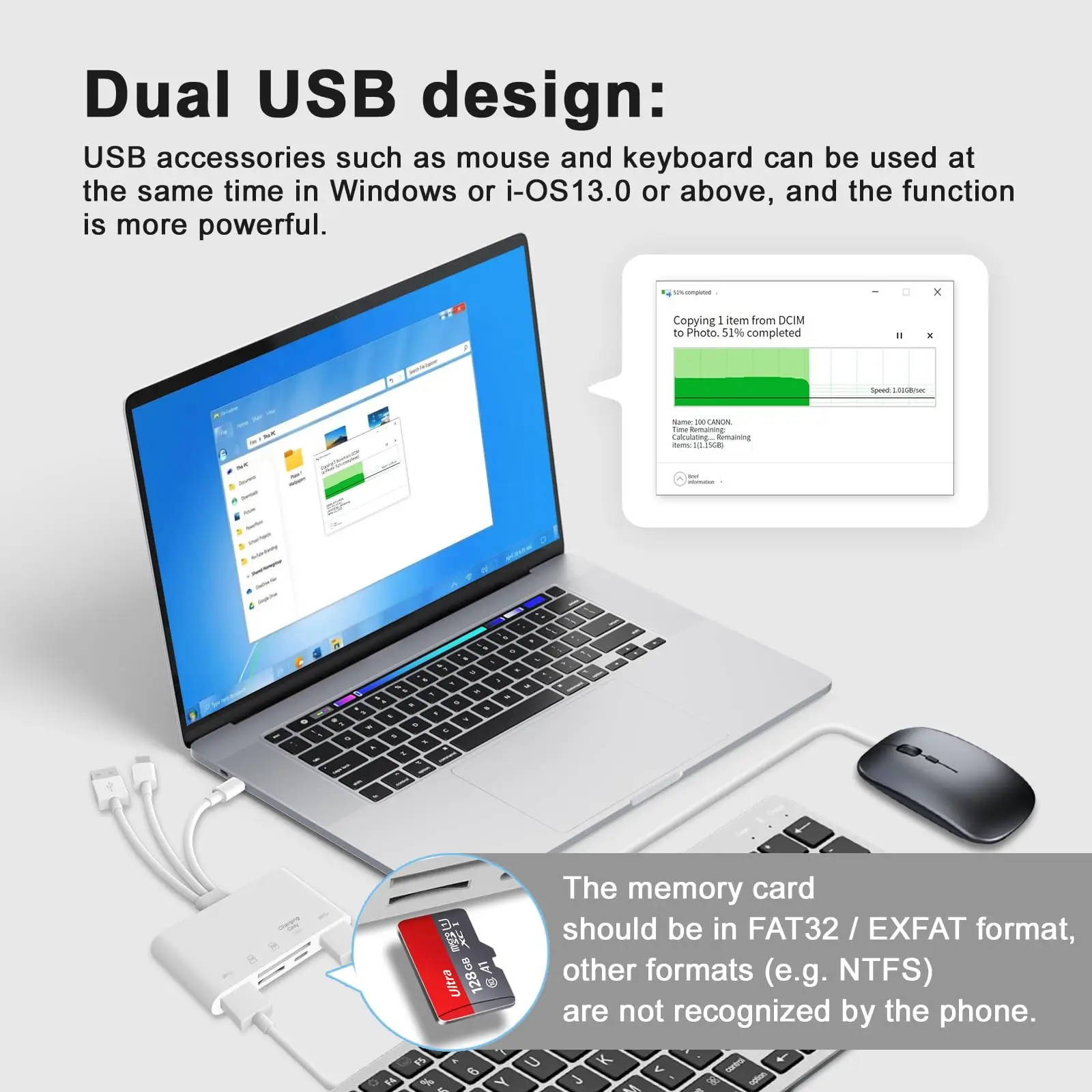 Lightning to SD TF Memory Card Reader 5 in 1 USB OTG Adapter with Charging Port for iPhone iPad Xiaomi Samsung Huawei MacBook