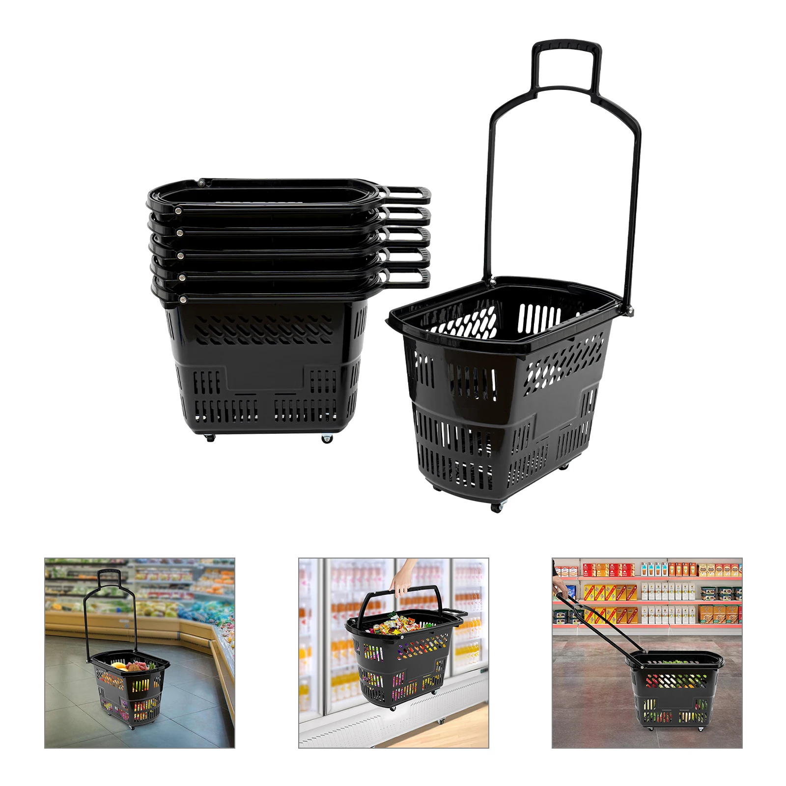 Carros de compras azules con ruedas y asa, cesta de plástico con ruedas, 35L, 6 uds.