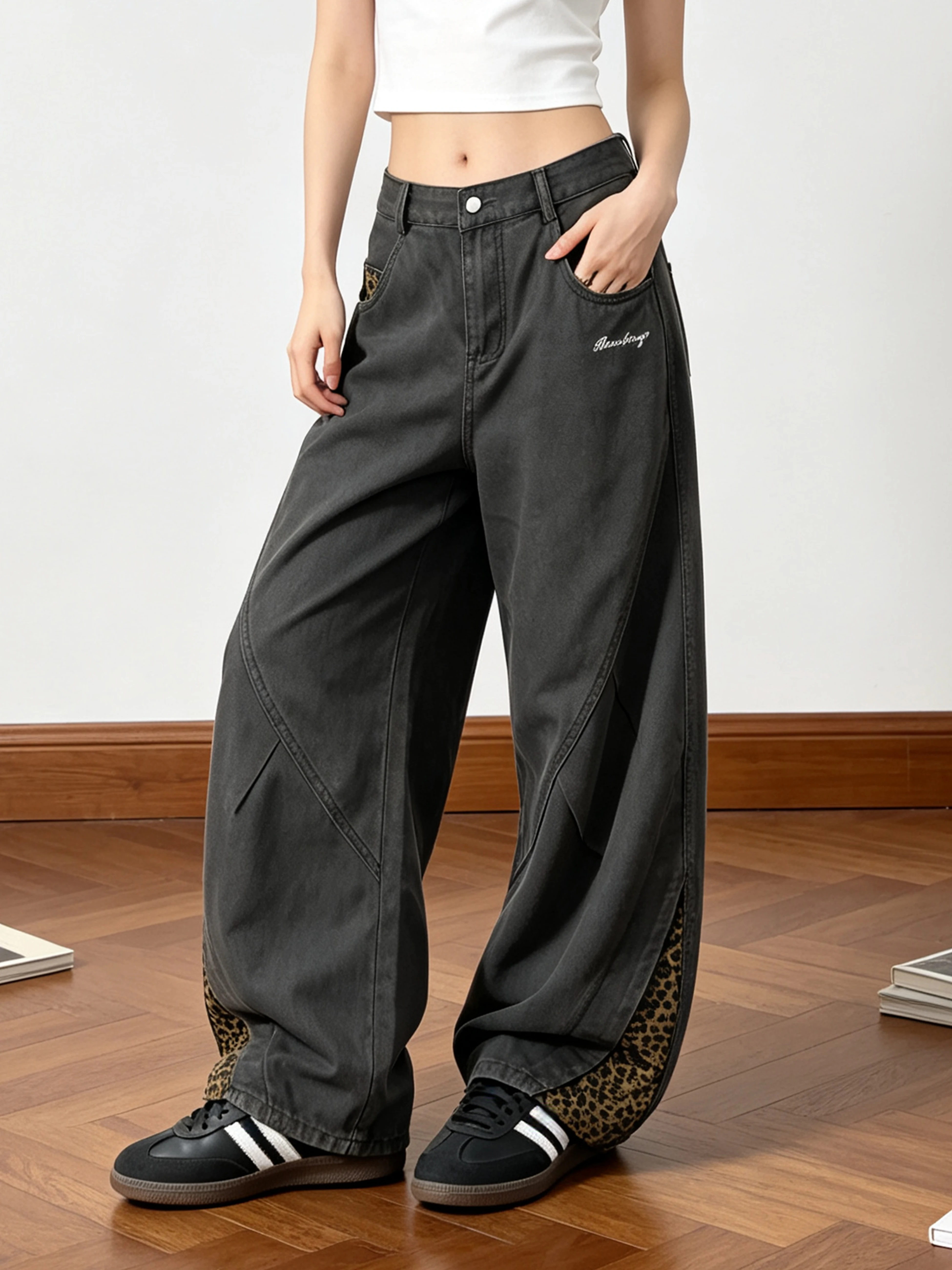 American Retro Leopard Print Patchwork Wide Leg Pants Women Casual Trousers High Street Style Knife  Design Cotton Jeans