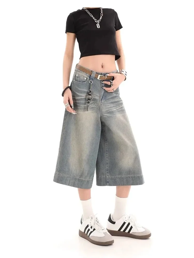 

Korean Classic Retro Y2K Street Wear Couple Versatile Wide Leg Capris Summer Chic Loose Casual Women's Straight Leg Denim Shorts