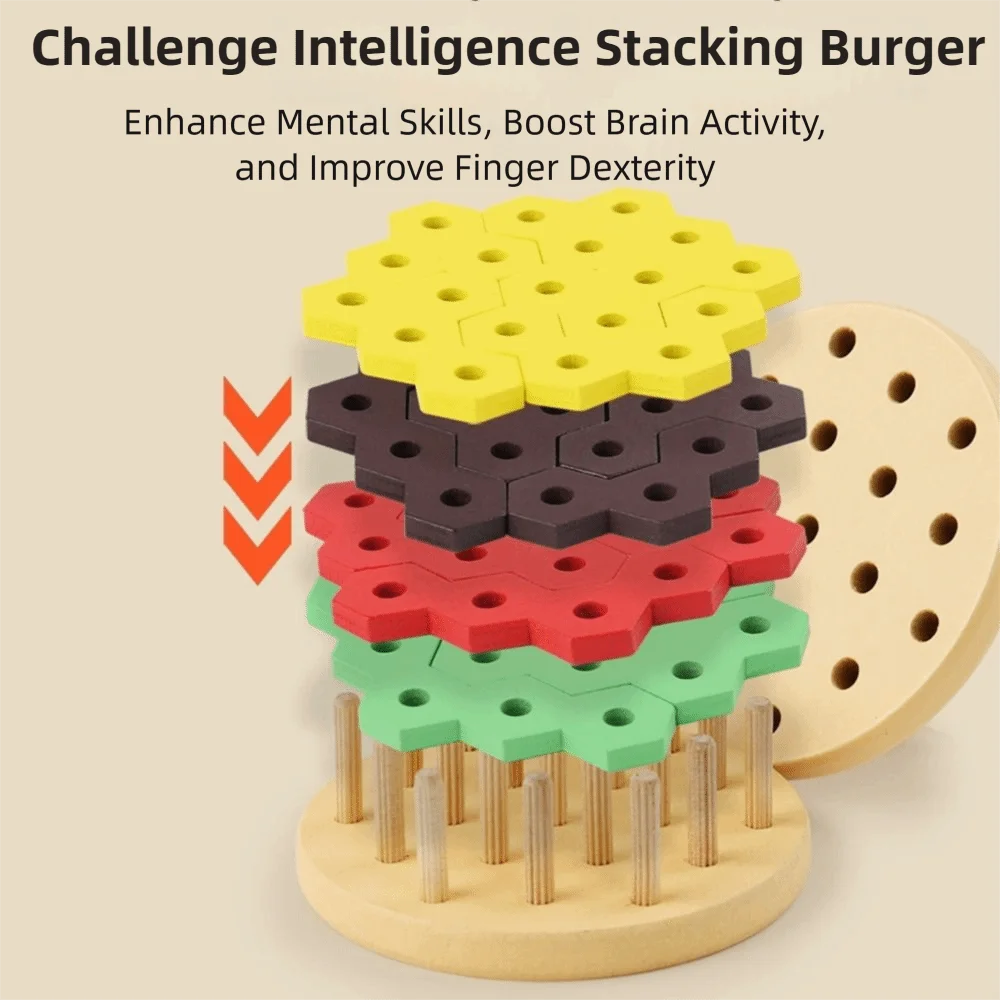 Creativo 3D Hamburger Puzzle Giocattolo Blocchi di Legno Manica Esagonale Colonna Hamburger Puzzle Giocattoli da Costruzione Cognizione del Colore Forma Geometrica