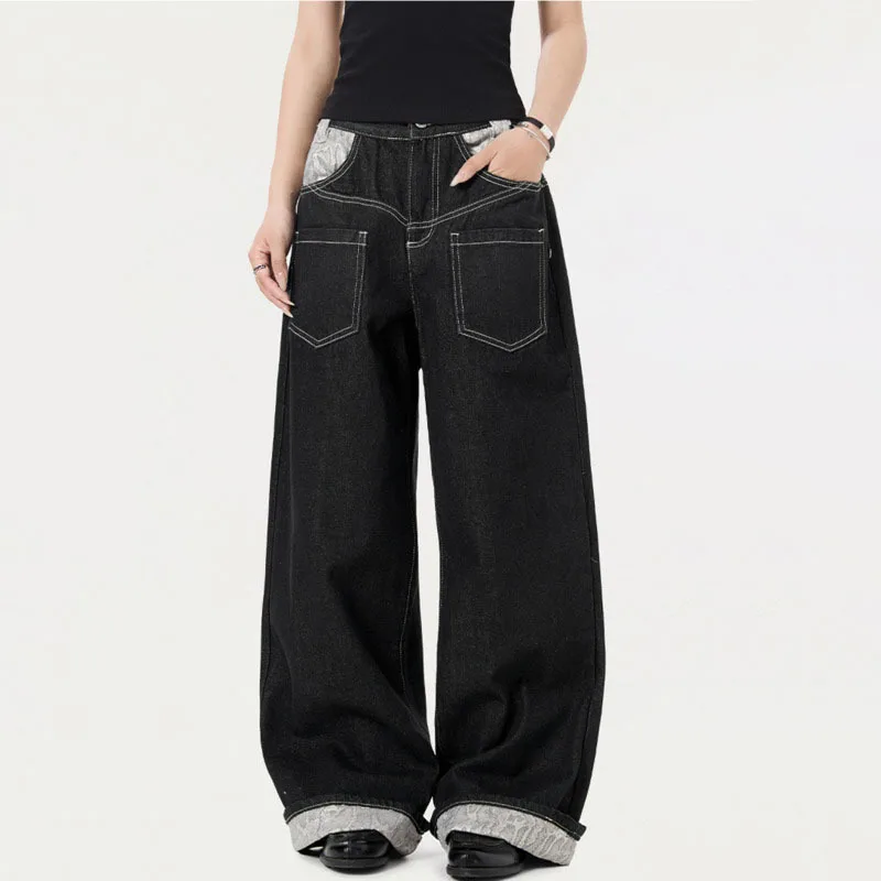 ANJY Autumn Winter New Women Python Pattern Patchwork Trend Jeans Fashion High-End Chic Ins Wide-Leg Straight Denim Pants A11971