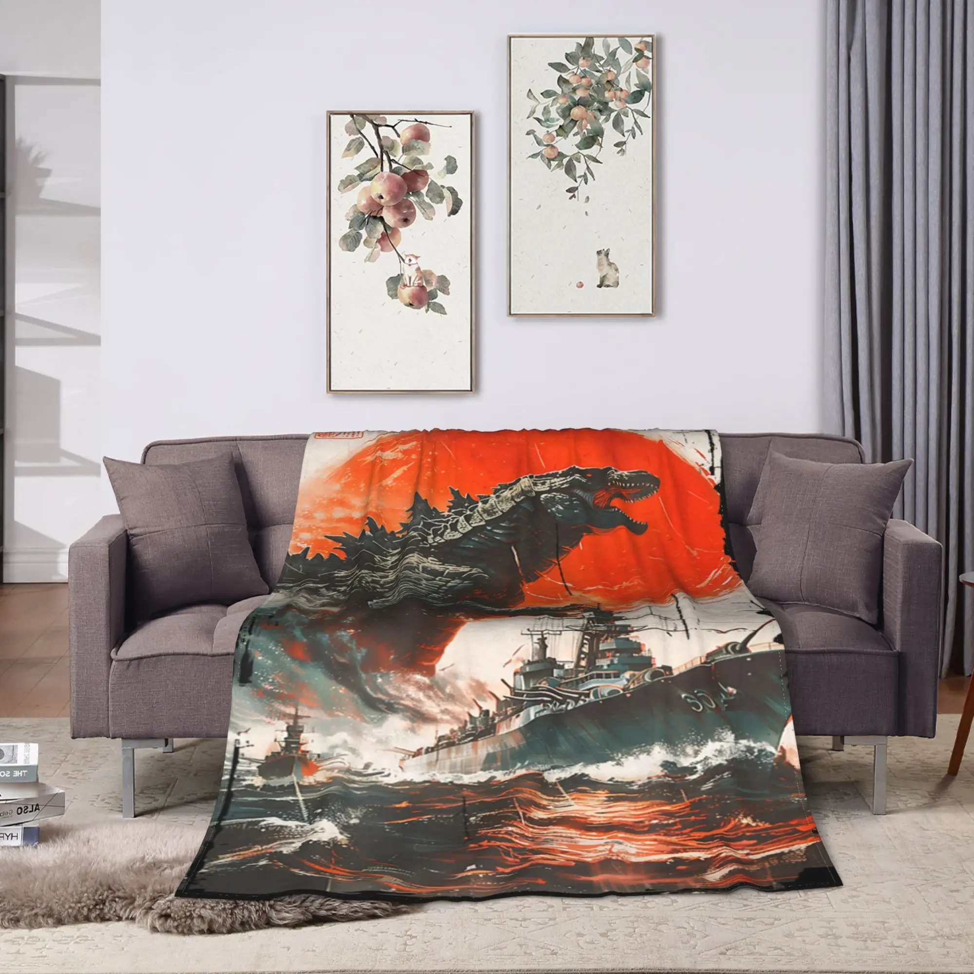 Super Warm Blanket Camping Japanese Godzilla Bedding Throws  Flannel Bedspread For Couch Chair Sofa Bed Aesthetic Sofa Bed Cover