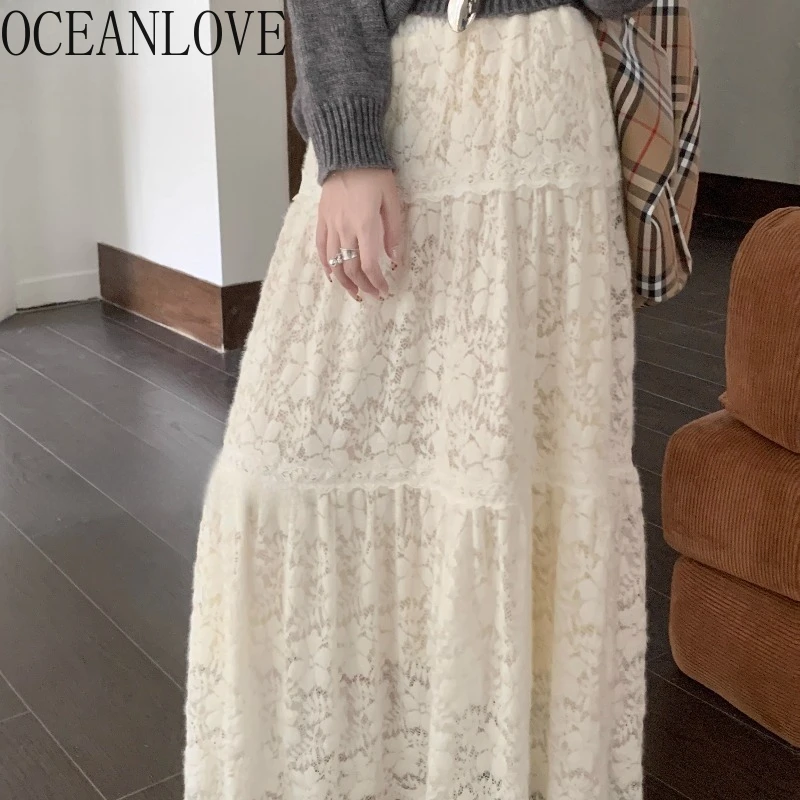 

OCEANLOVE осенне-зимние кружевные юбки женские с оборками однотонная элегантная длинная юбка корейская мода винтажная милая свободная Faldas Mujer